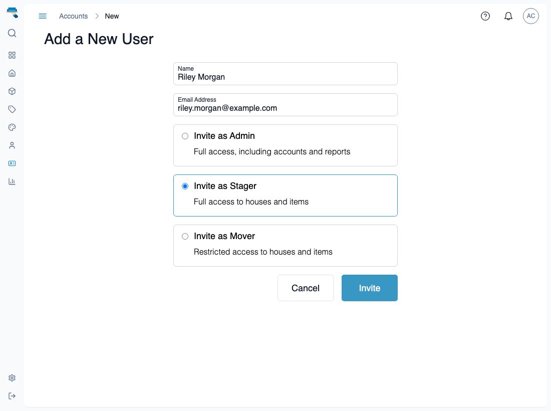 Add a New User form with name and email filled in and the Stager role selected