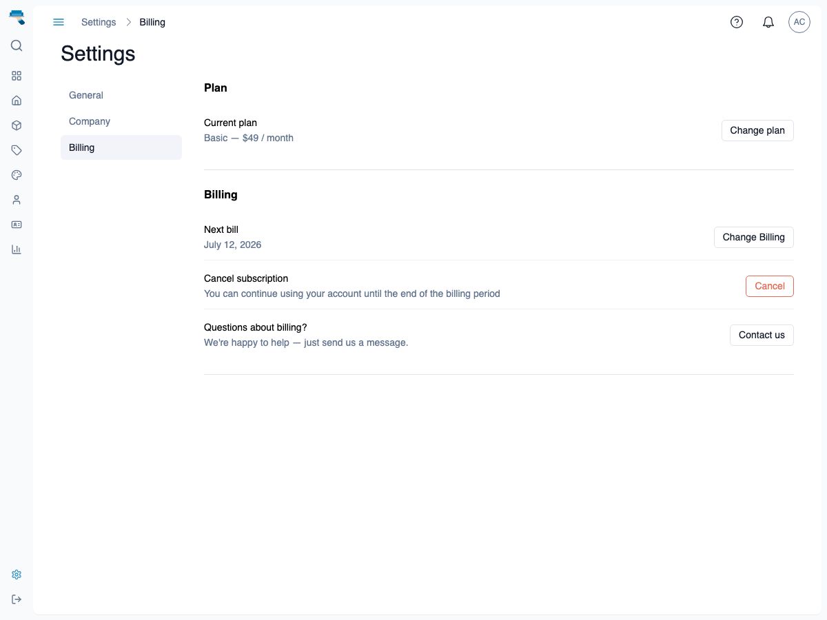 Billing settings page showing the current plan, next bill date, Change Billing and Cancel controls, and a Contact us row