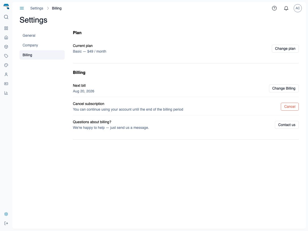 Billing settings page showing the current plan, next bill date, Change Billing and Cancel controls, and a Contact us row