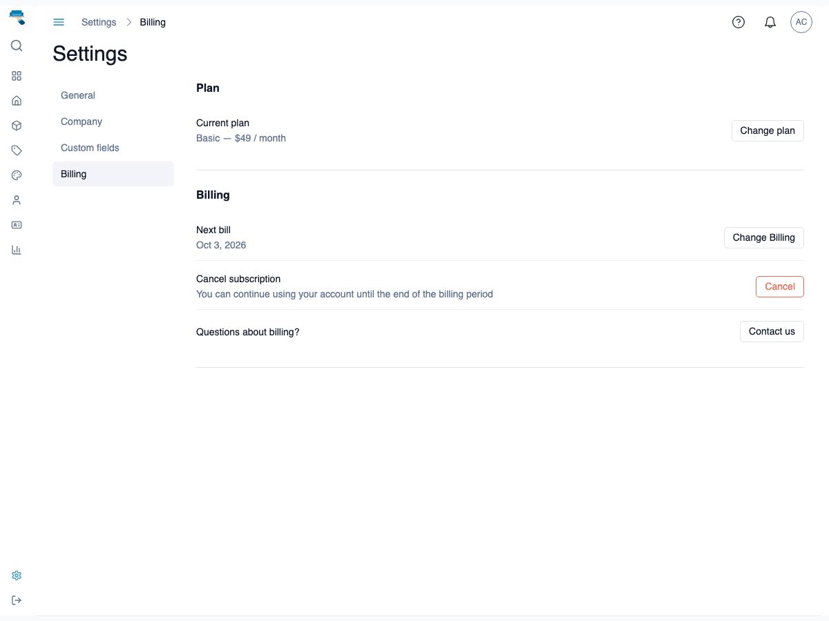 Billing settings page showing the current plan, next bill date, Change Billing and Cancel controls, and a Contact us row