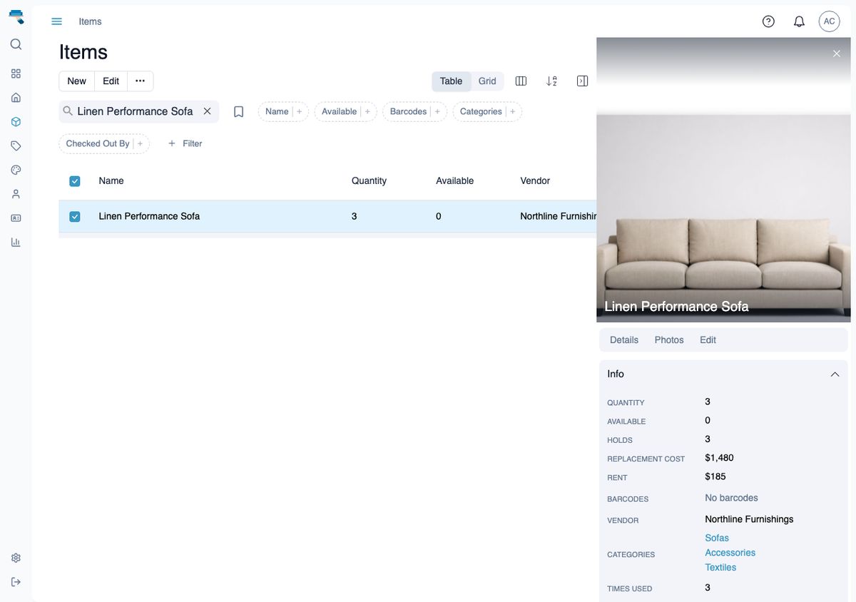 Inventory table with Linen Performance Sofa selected and its item detail sidebar open