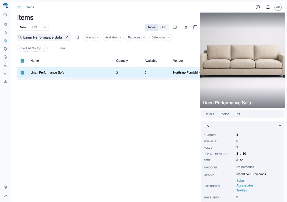 Inventory table with Linen Performance Sofa selected and its item detail sidebar open