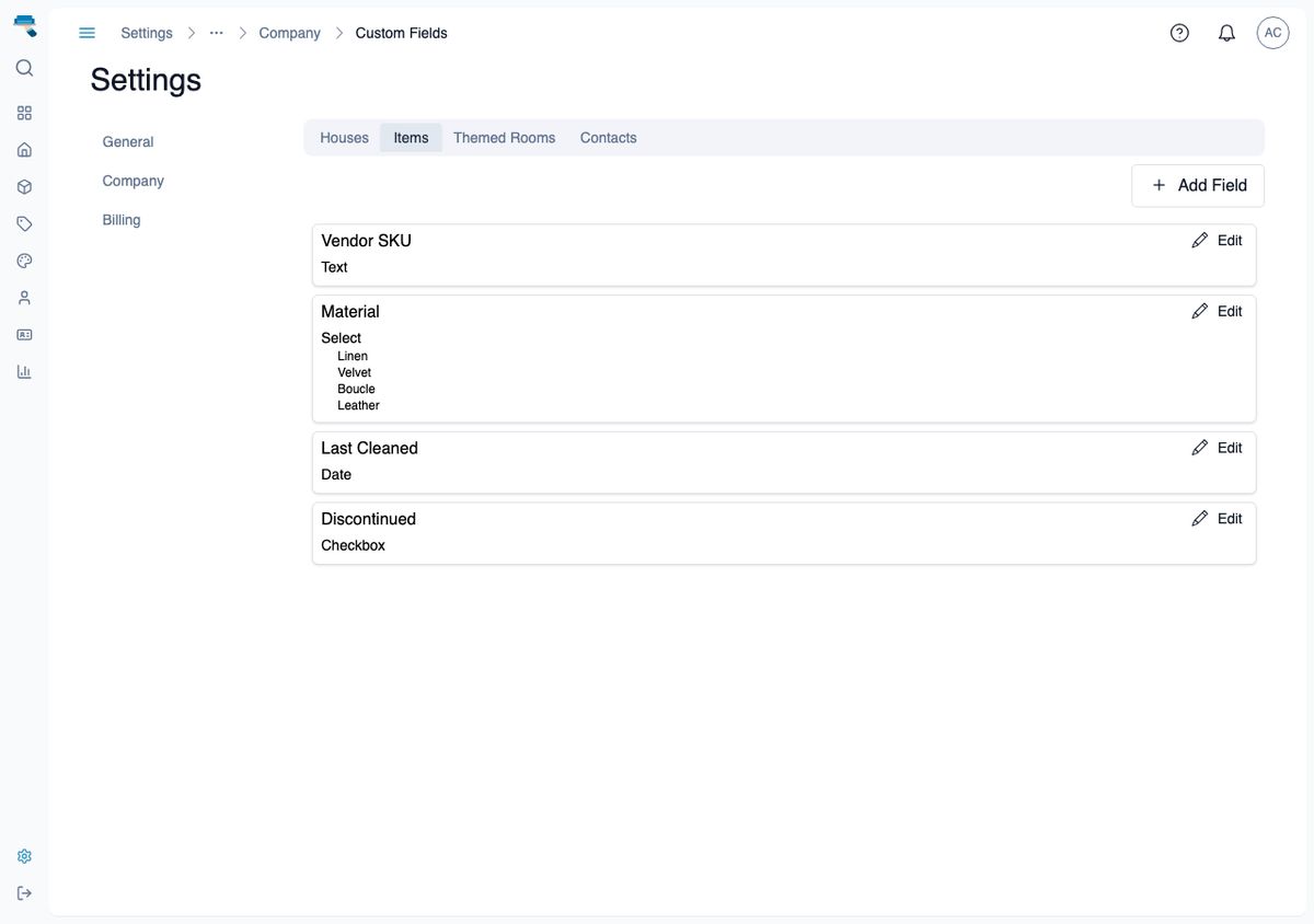 Custom Fields settings page on the Items tab showing a Vendor SKU text field, a Material dropdown with four options, a Last Cleaned date field, and a Discontinued checkbox