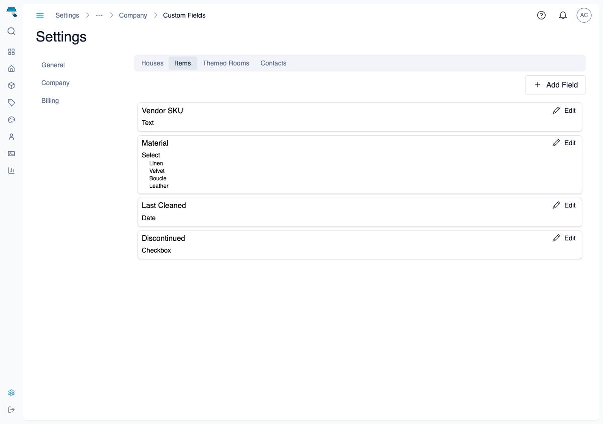 Custom Fields settings page on the Items tab showing a Vendor SKU text field, a Material dropdown with four options, a Last Cleaned date field, and a Discontinued checkbox
