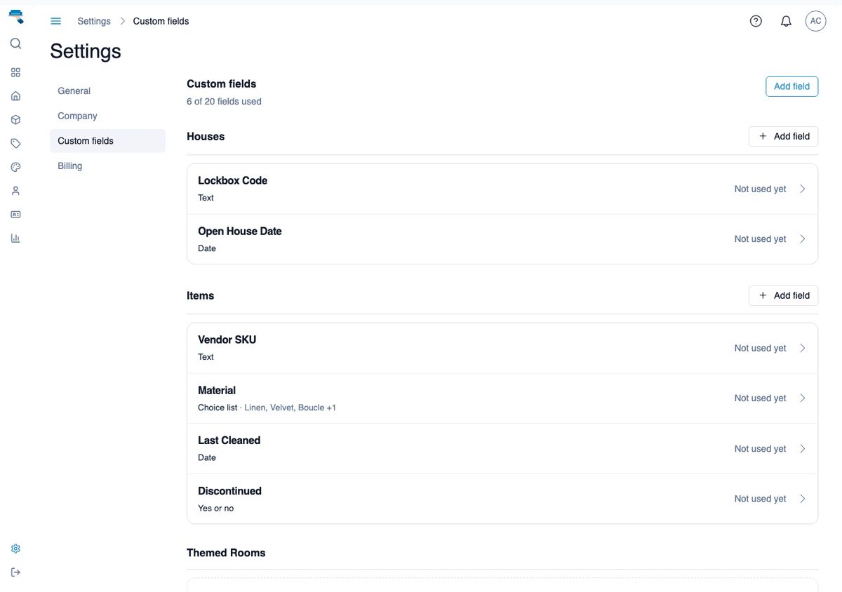 Custom Fields settings page on the Items tab showing a Vendor SKU text field, a Material dropdown with four options, a Last Cleaned date field, and a Discontinued checkbox