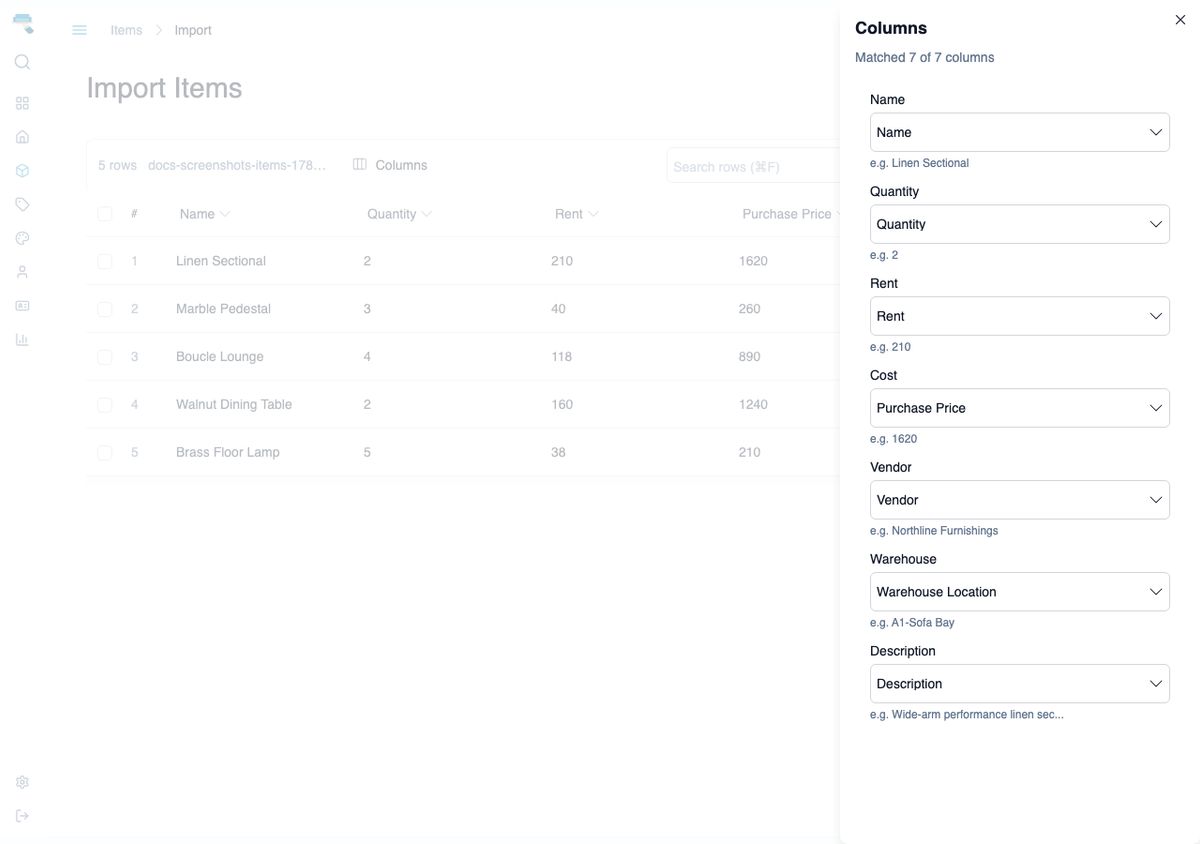 Item import wizard showing the parsed CSV in a table with the column-mapping panel open on the right, listing each column from the file paired with a Staging Assistant field