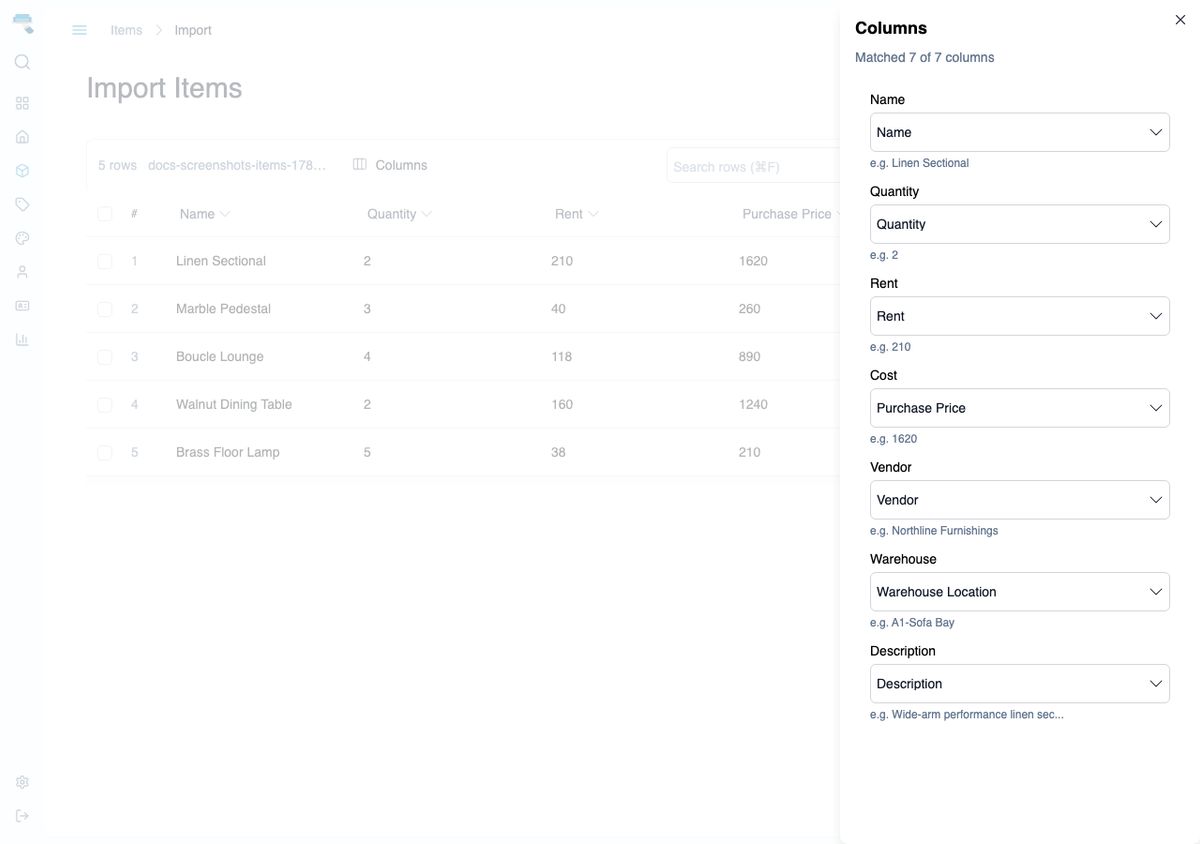 Item import wizard showing the parsed CSV in a table with the column-mapping panel open on the right, listing each column from the file paired with a Staging Assistant field