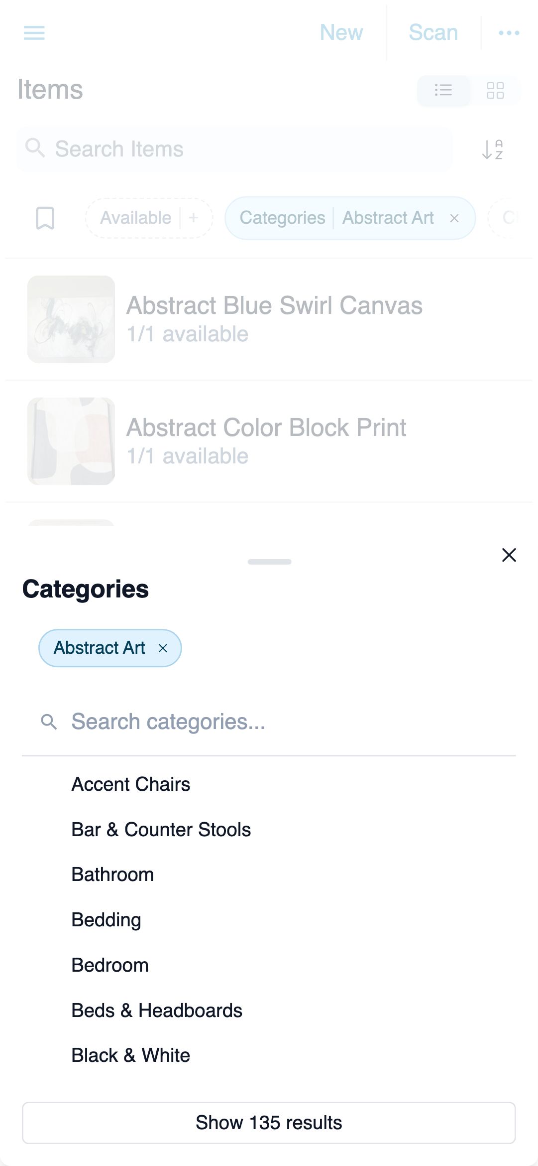 Category filter bottom sheet over the item list on a phone