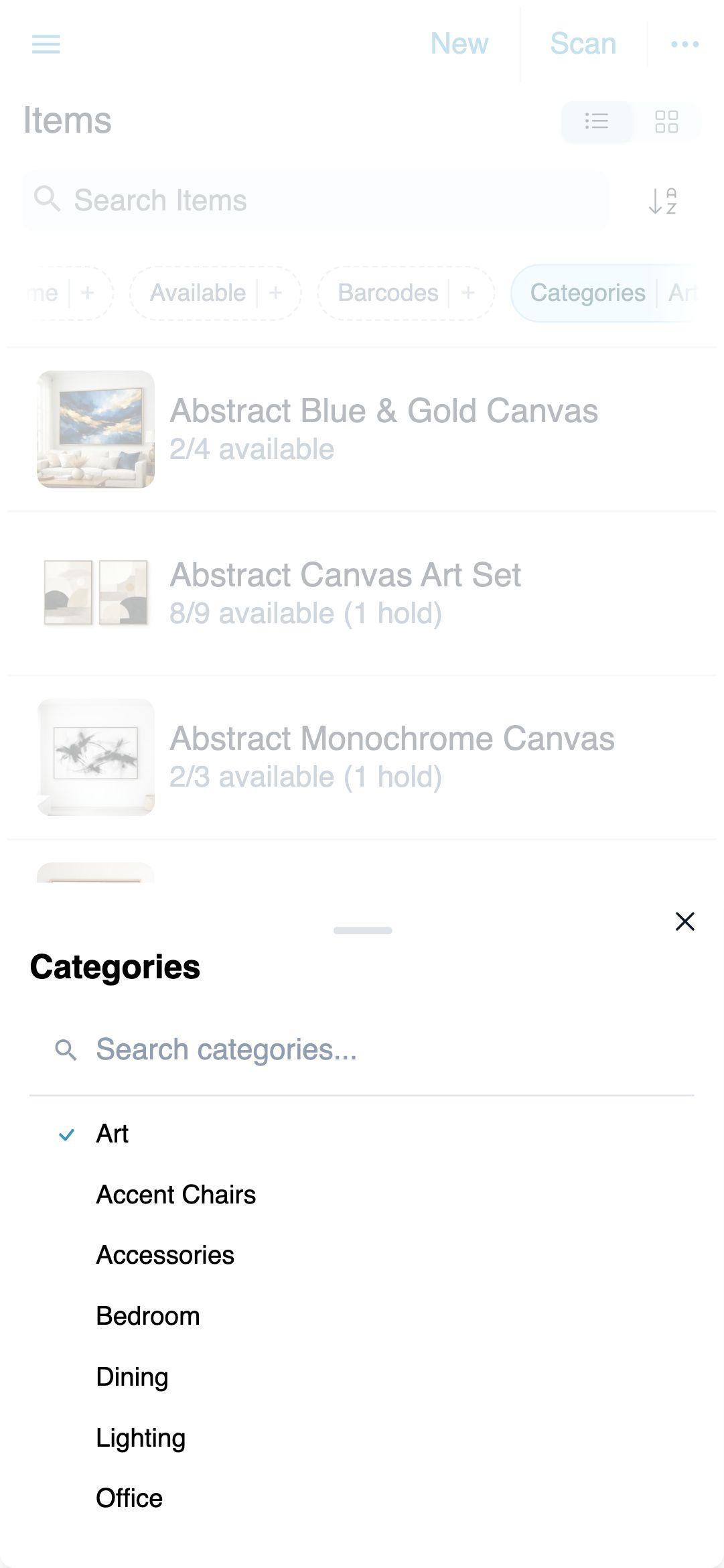 The Categories filter drawer on mobile: a bottom sheet with a search box and a list of categories with Art checked