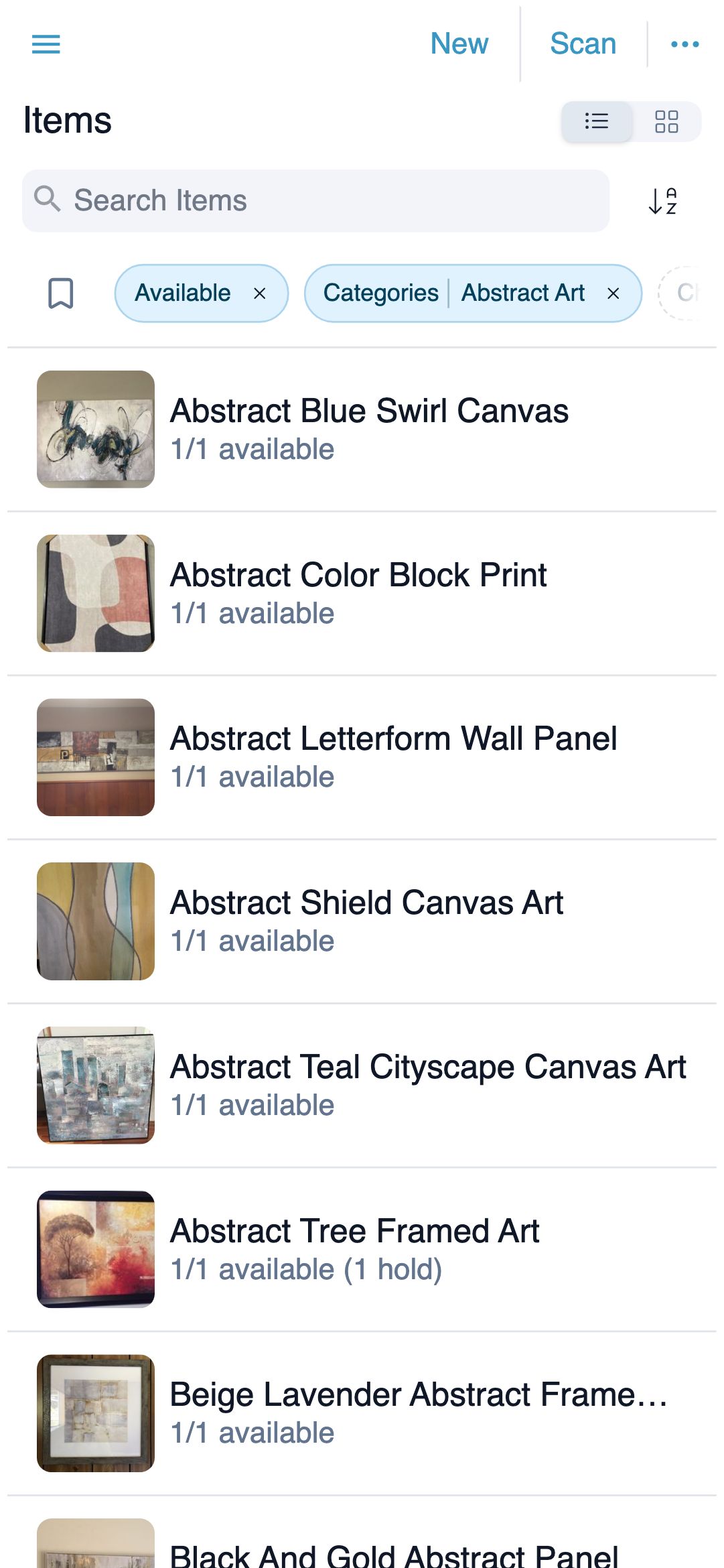 Mobile inventory list with the search box and Sort button above a row of filters, two of them active