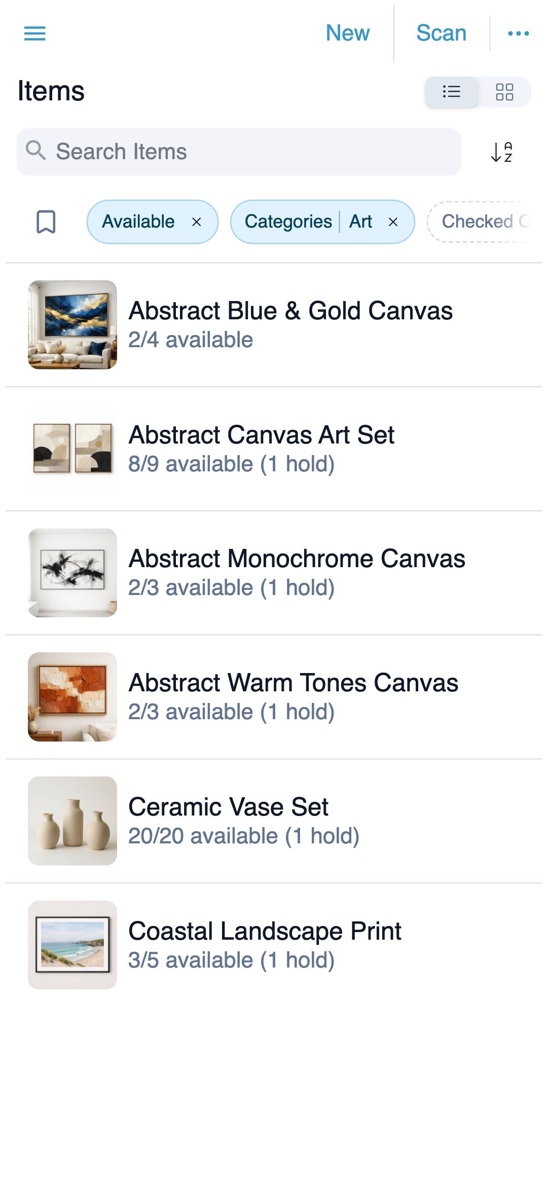 Mobile inventory list with the search box and Sort button above a row of filters, two of them active