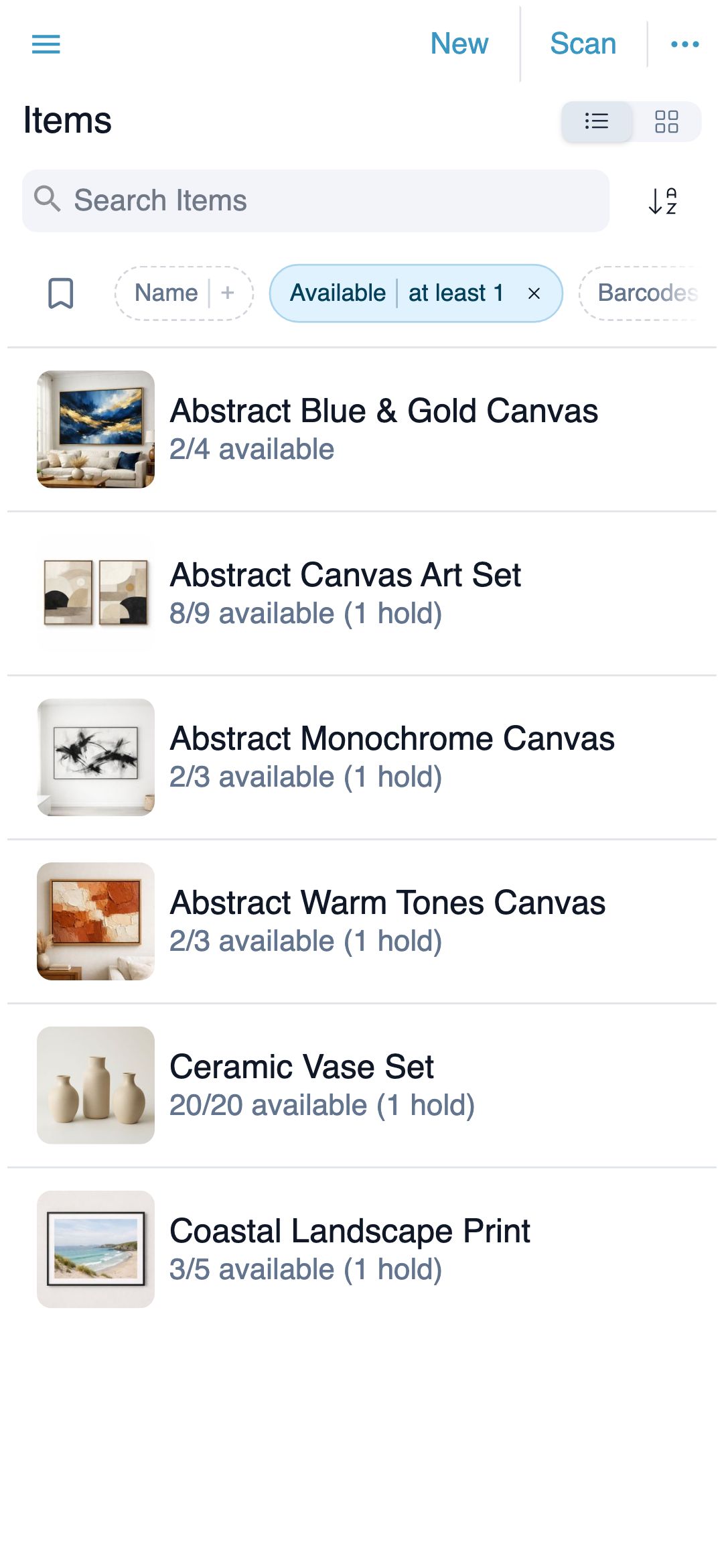 Mobile inventory list with the search box and Sort button in the top row and a horizontally scrolling row of filter chips beneath, two of them active