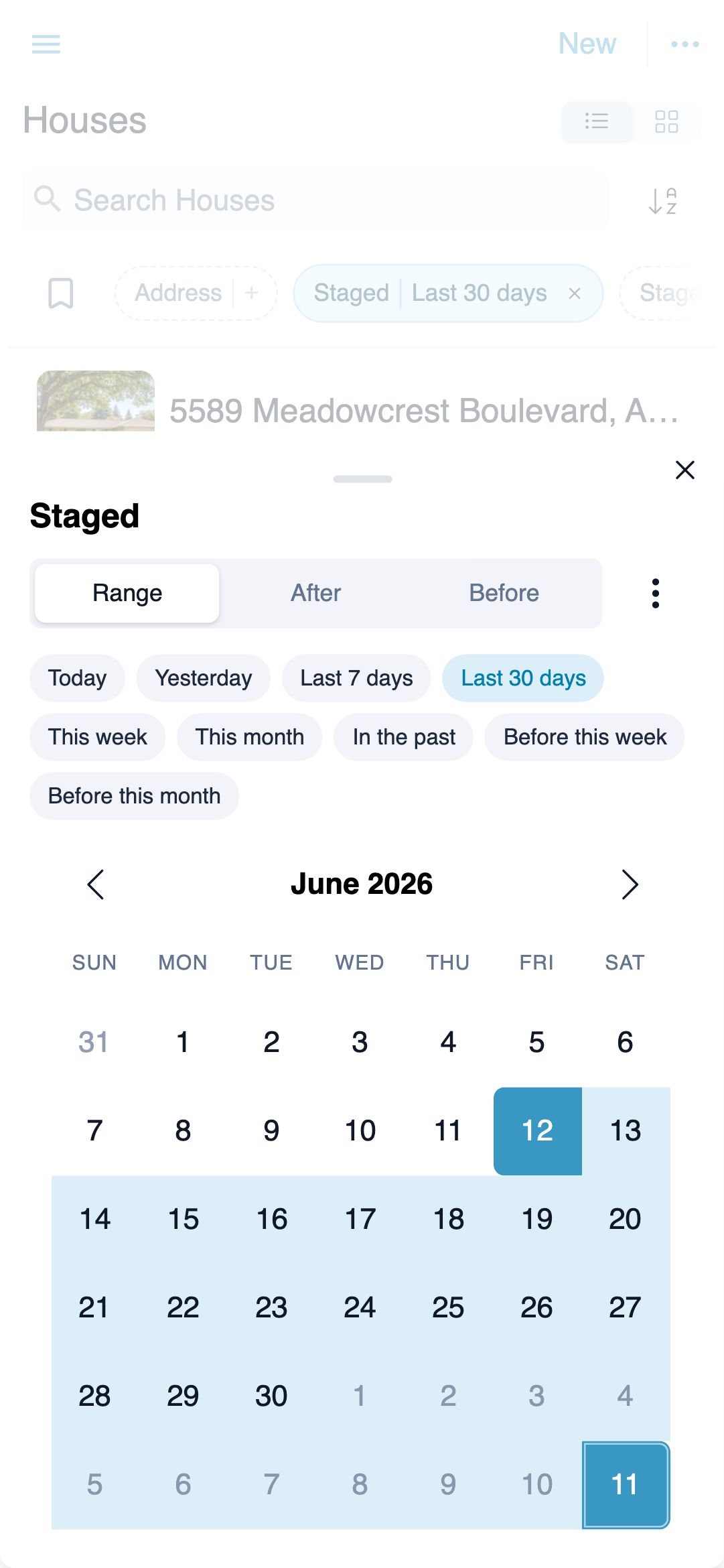 The Staged date filter drawer on mobile: preset chips above a calendar with the last 30 days highlighted
