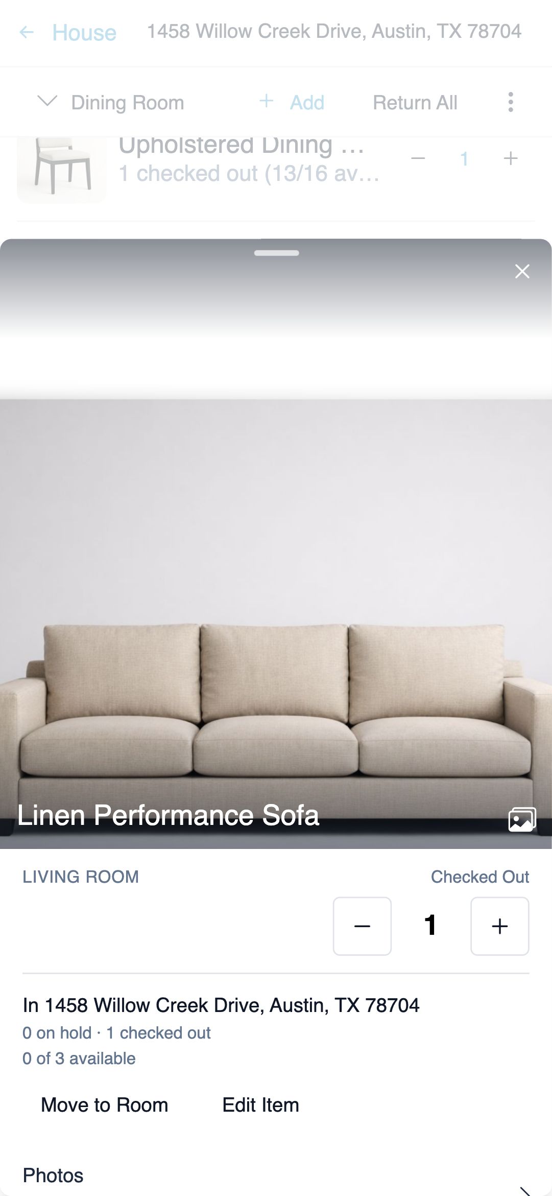 Mobile item detail drawer covering the bottom of the screen, showing the Linen Performance Sofa photo, its room and house, a Checked Out quantity stepper, and Move to Room and Edit Item actions