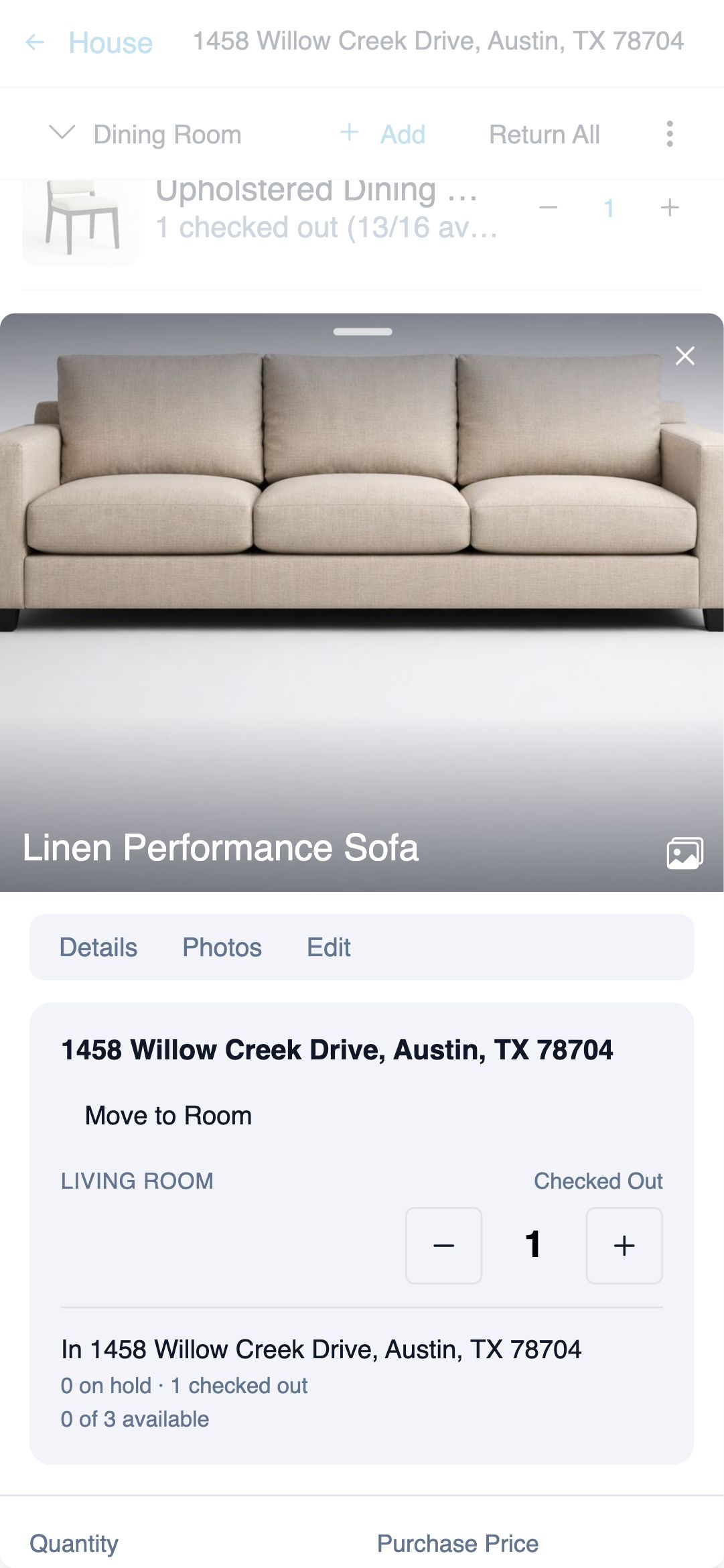 Mobile item detail drawer covering the bottom of the screen, showing the Linen Performance Sofa photo, its room and house, a Checked Out quantity stepper, and Move to Room and Edit Item actions