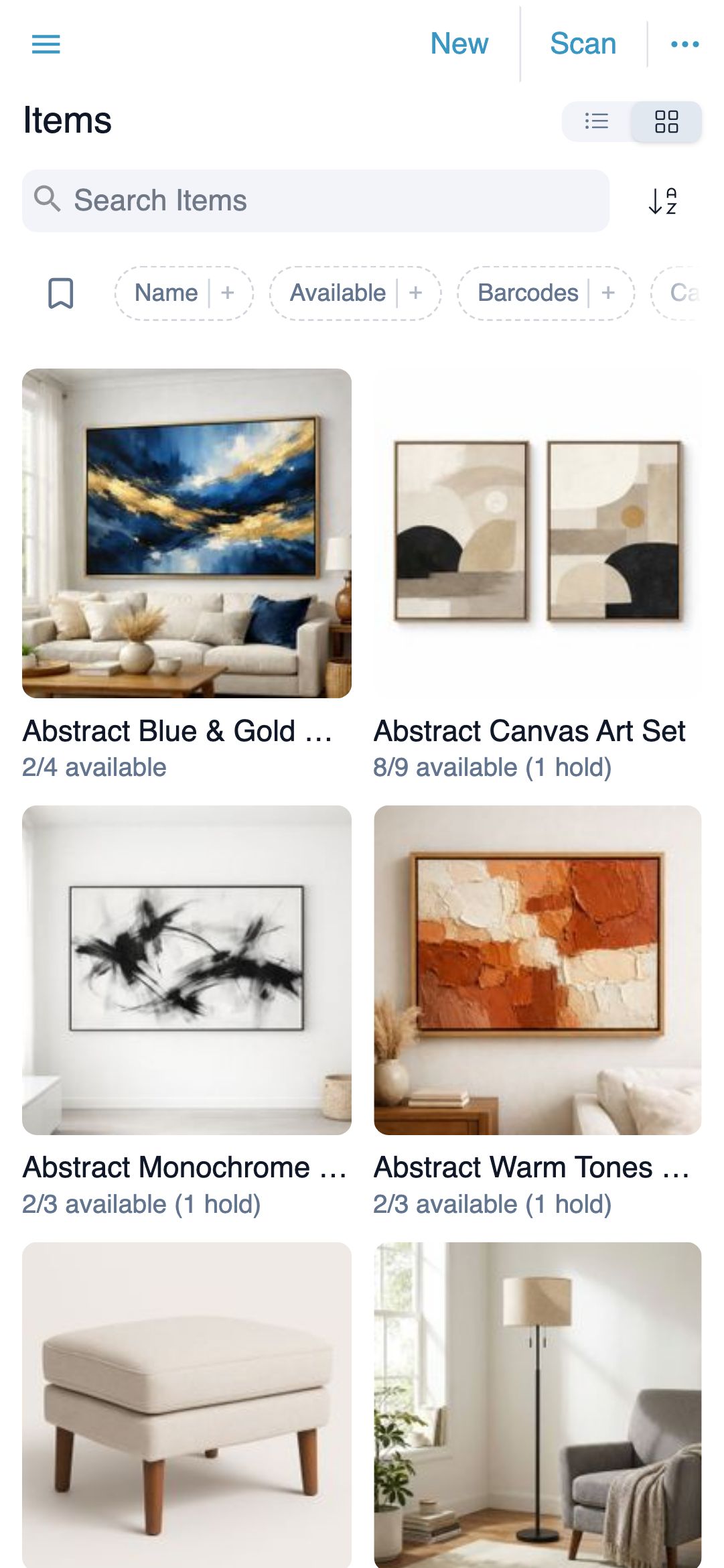 Mobile inventory page in grid view, showing two columns of item cards with photos and quantities and the List / Grid toggle pinned beneath the search header