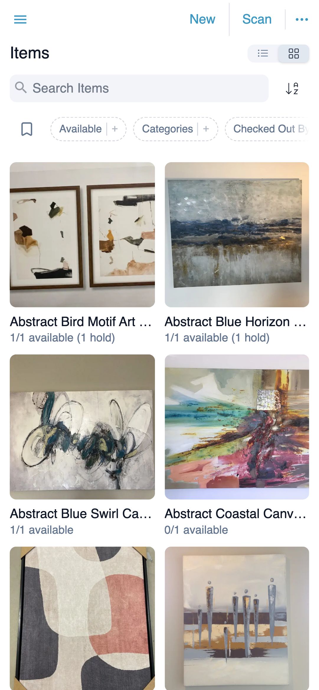 Item grid with photos, search, and filter chips on a phone