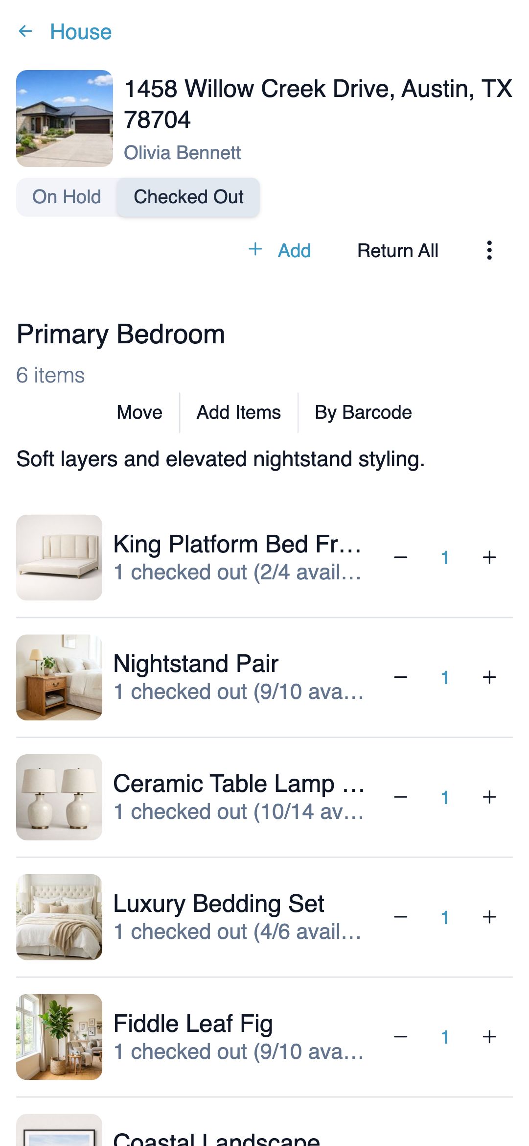 A house on a phone, its Primary Bedroom listing six checked-out items, each with a photo, its checked-out and available counts, and a quantity stepper