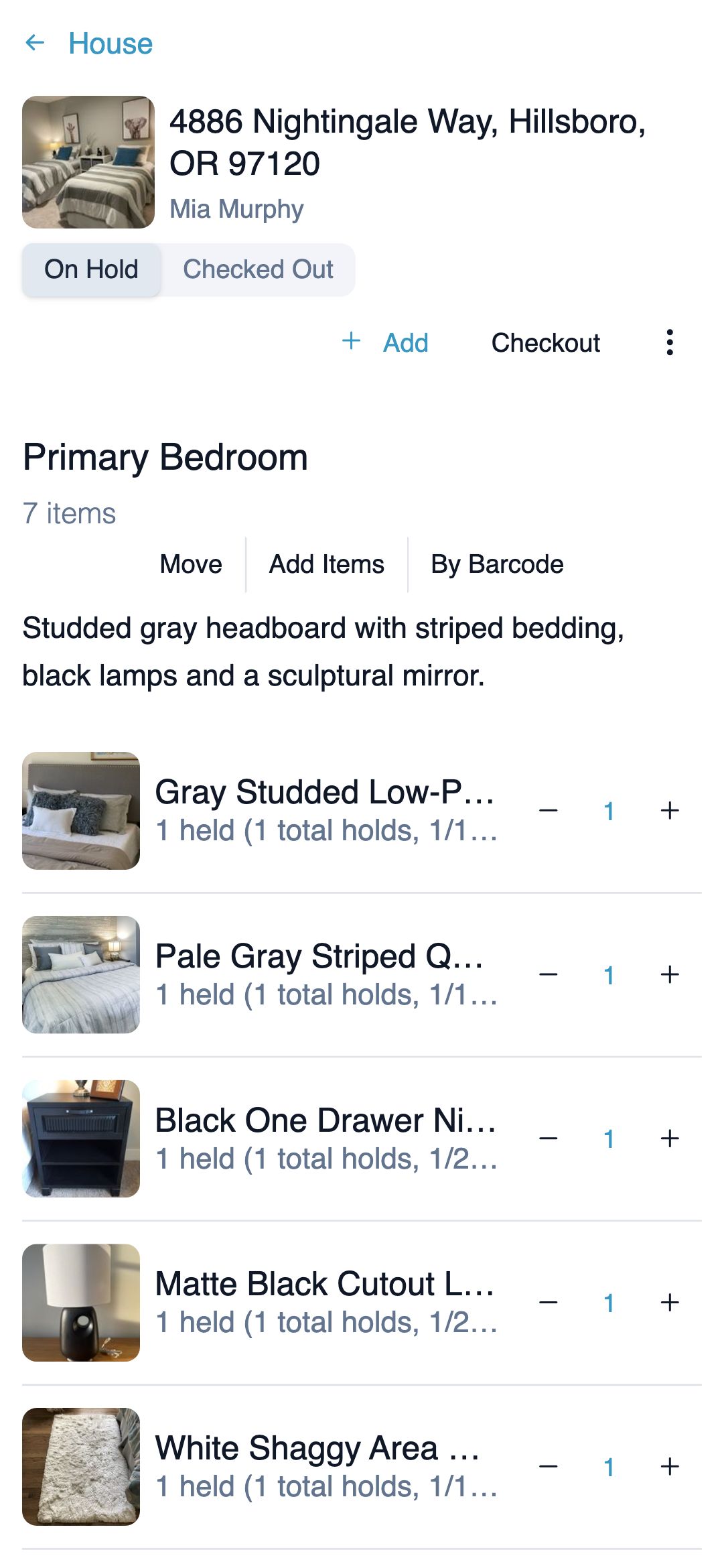 A house on a phone, its Primary Bedroom listing six checked-out items, each with a photo, its checked-out and available counts, and a quantity stepper