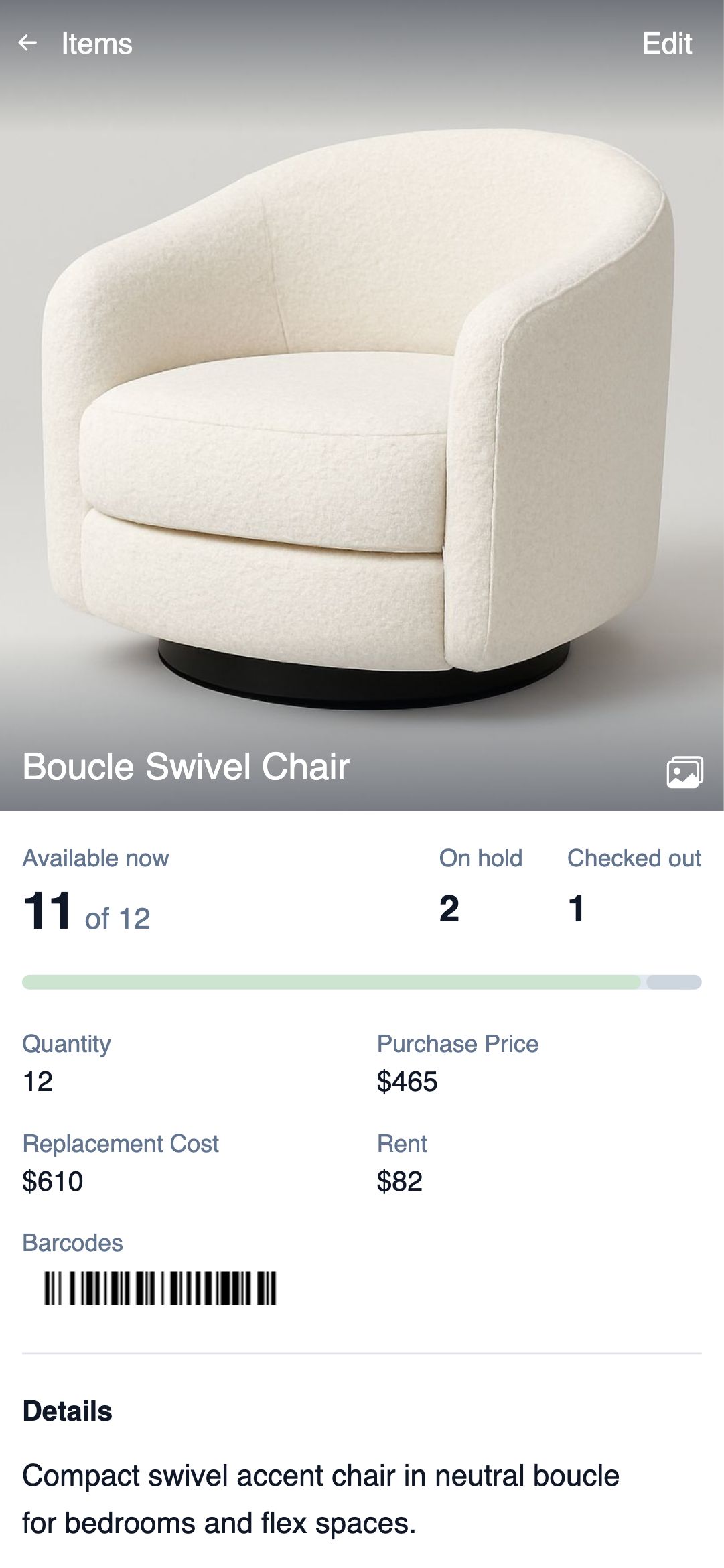 An item on a phone: a photo of a boucle swivel chair, an Edit button, the counts available, on hold, and checked out, then quantity, purchase price, replacement cost, rent, and a barcode