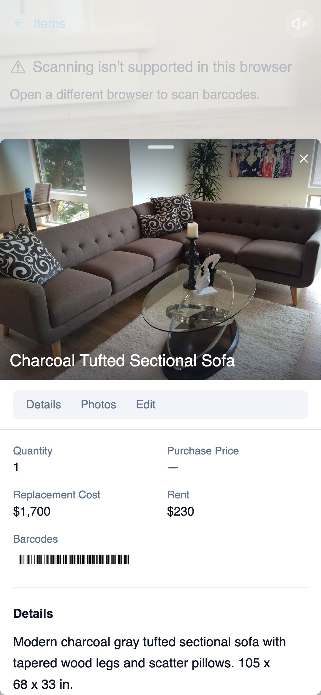 Scan-result drawer showing a found item with name, photo, quantity, and action buttons