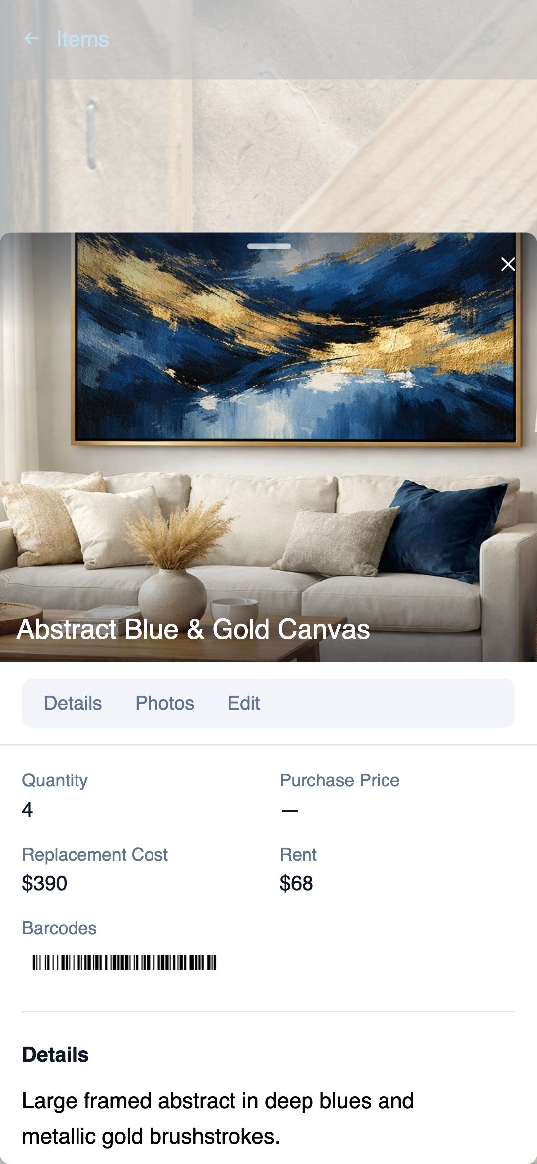 Scan-result drawer showing a found item with name, photo, quantity, and action buttons