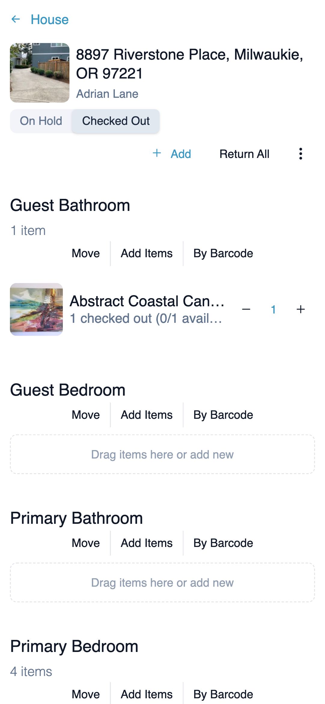Mobile house items view showing address card, On Hold / Checked Out toggle, Add and Return All actions, and stacked Primary Bathroom and Primary Bedroom sections with item rows