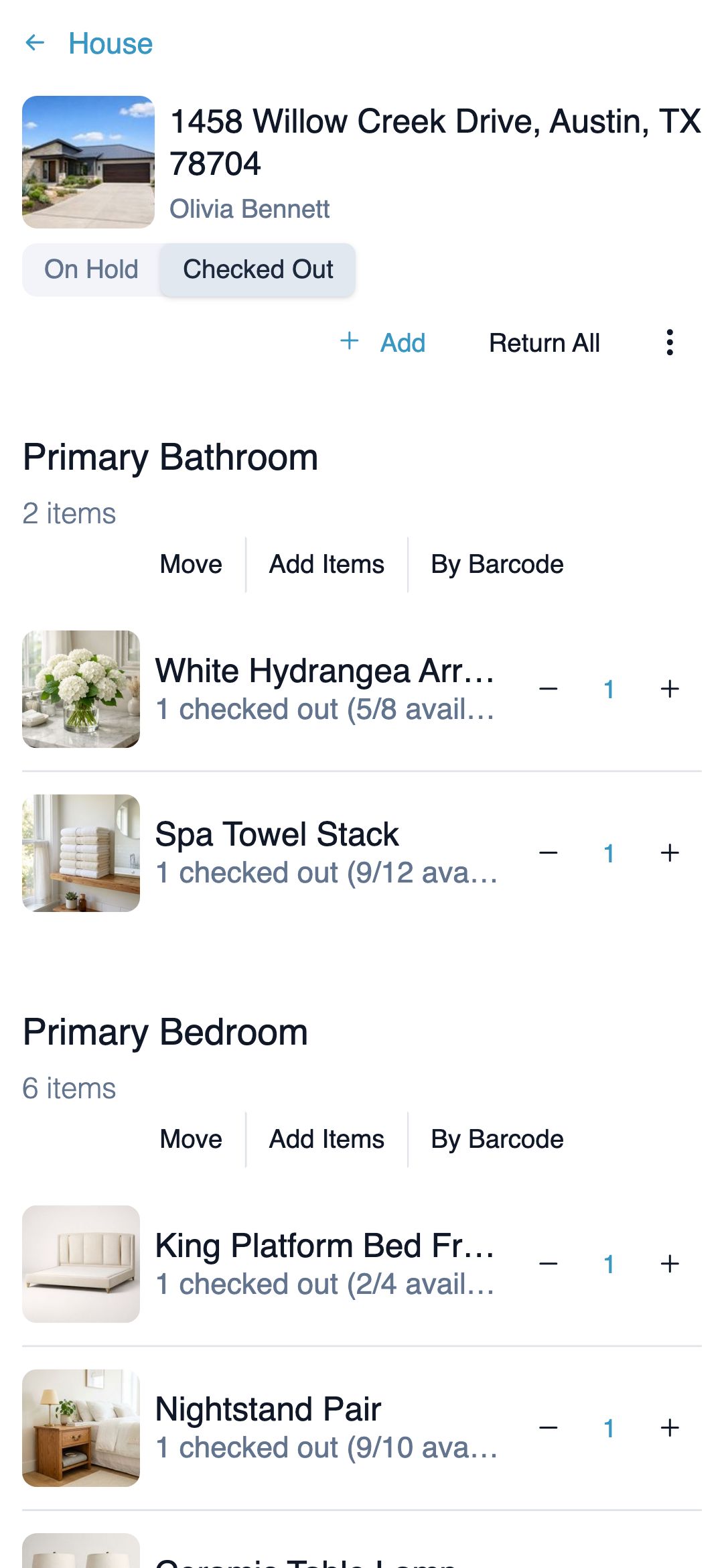Mobile house items view showing address card, On Hold / Checked Out toggle, Add and Return All actions, and stacked Primary Bathroom and Primary Bedroom sections with item rows