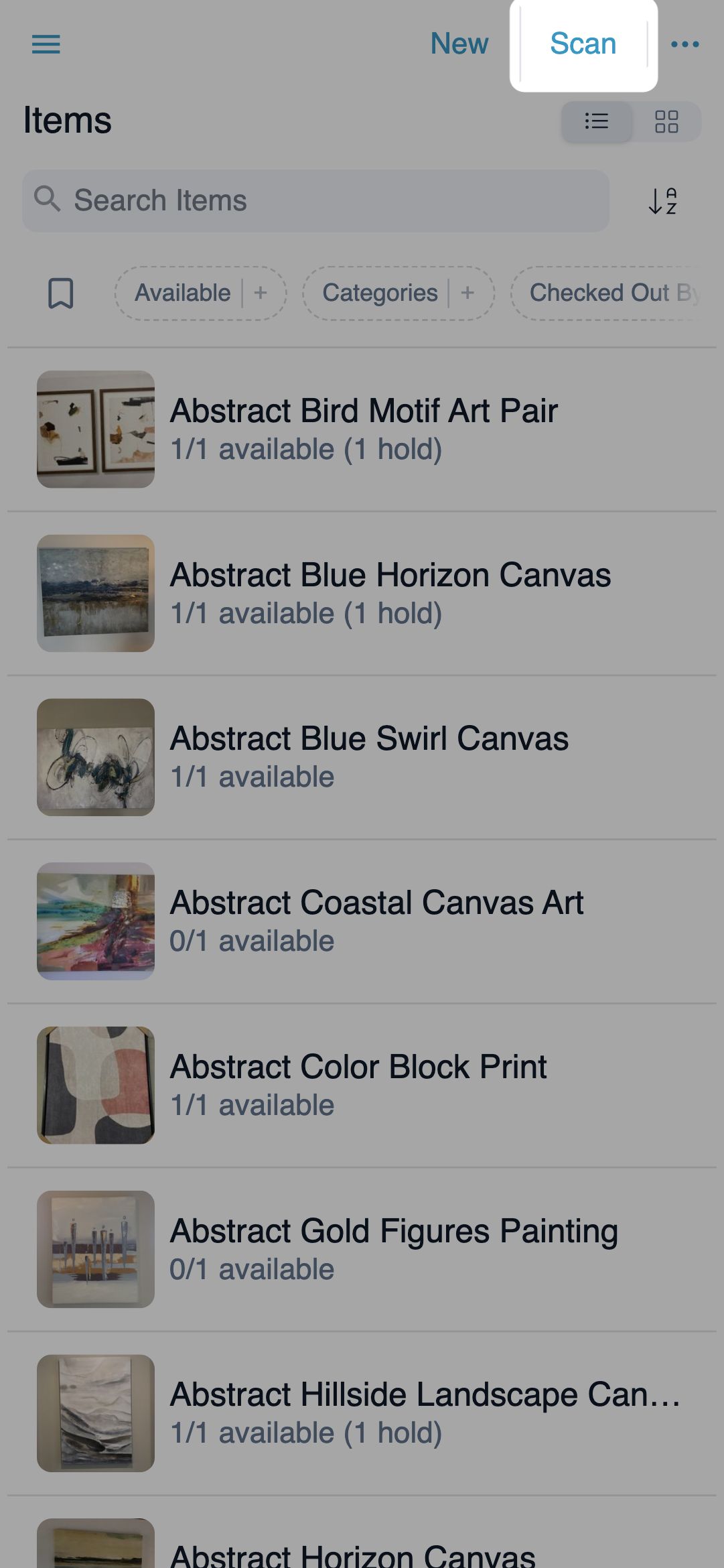 Inventory items list on mobile with the Scan button highlighted in the header