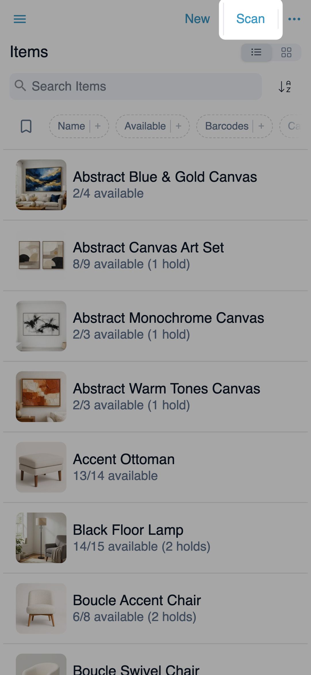 Inventory items list on mobile with the Scan button highlighted in the header