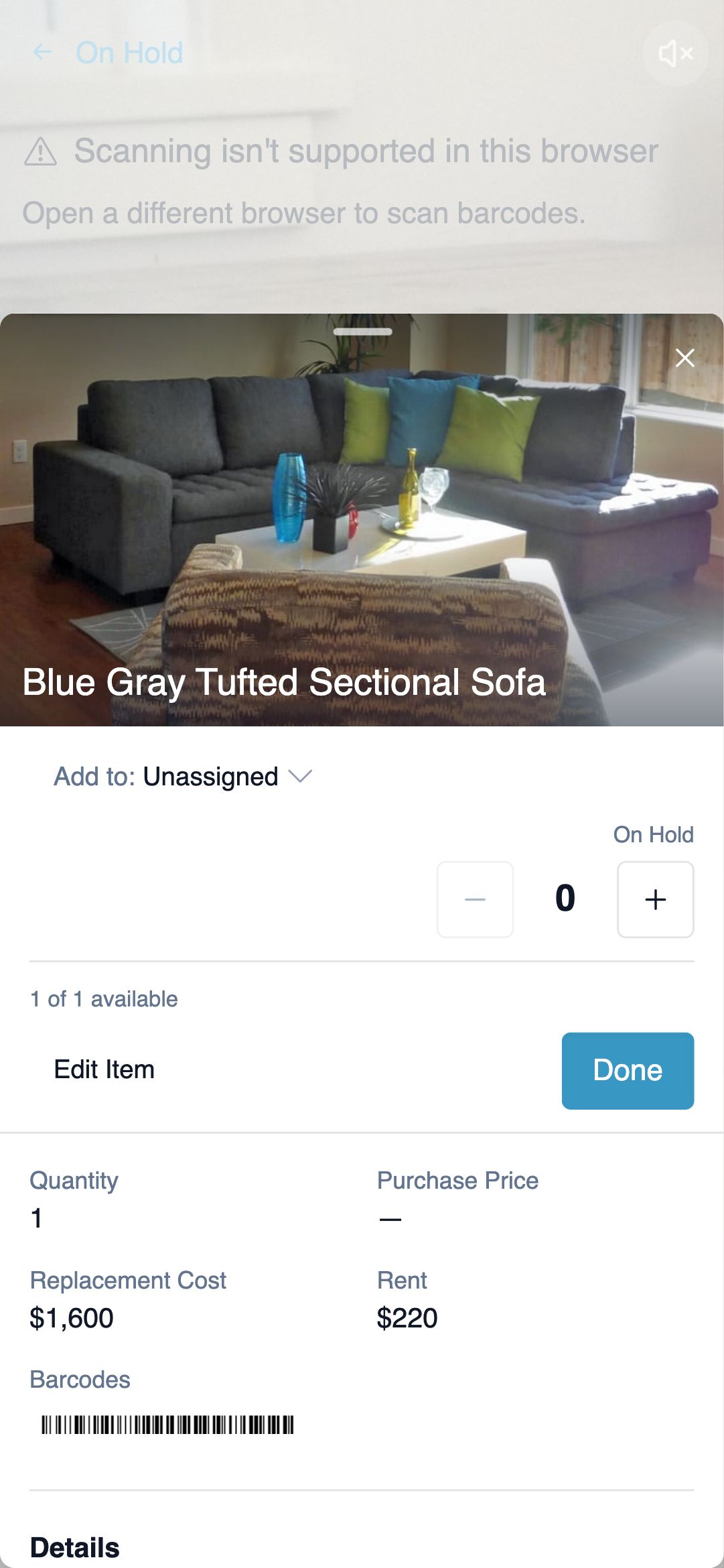 Mobile scan-confirm bottom sheet inside a house's Scan Barcodes flow: recognized item photo and name, Add to room selector defaulted to Unassigned, On Hold stepper, and a Done button