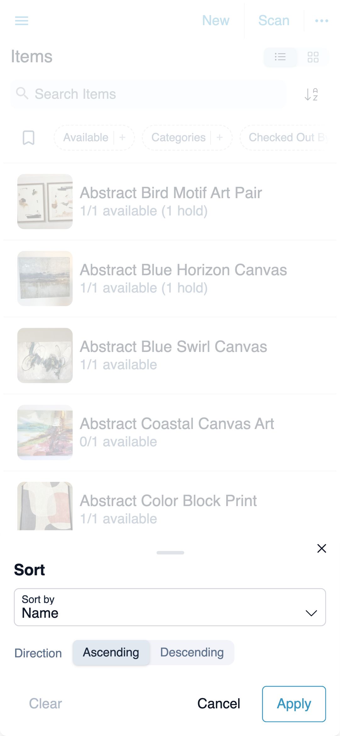 Sort options on mobile with a Sort by field selector, an Ascending or Descending choice, and Cancel and Apply buttons