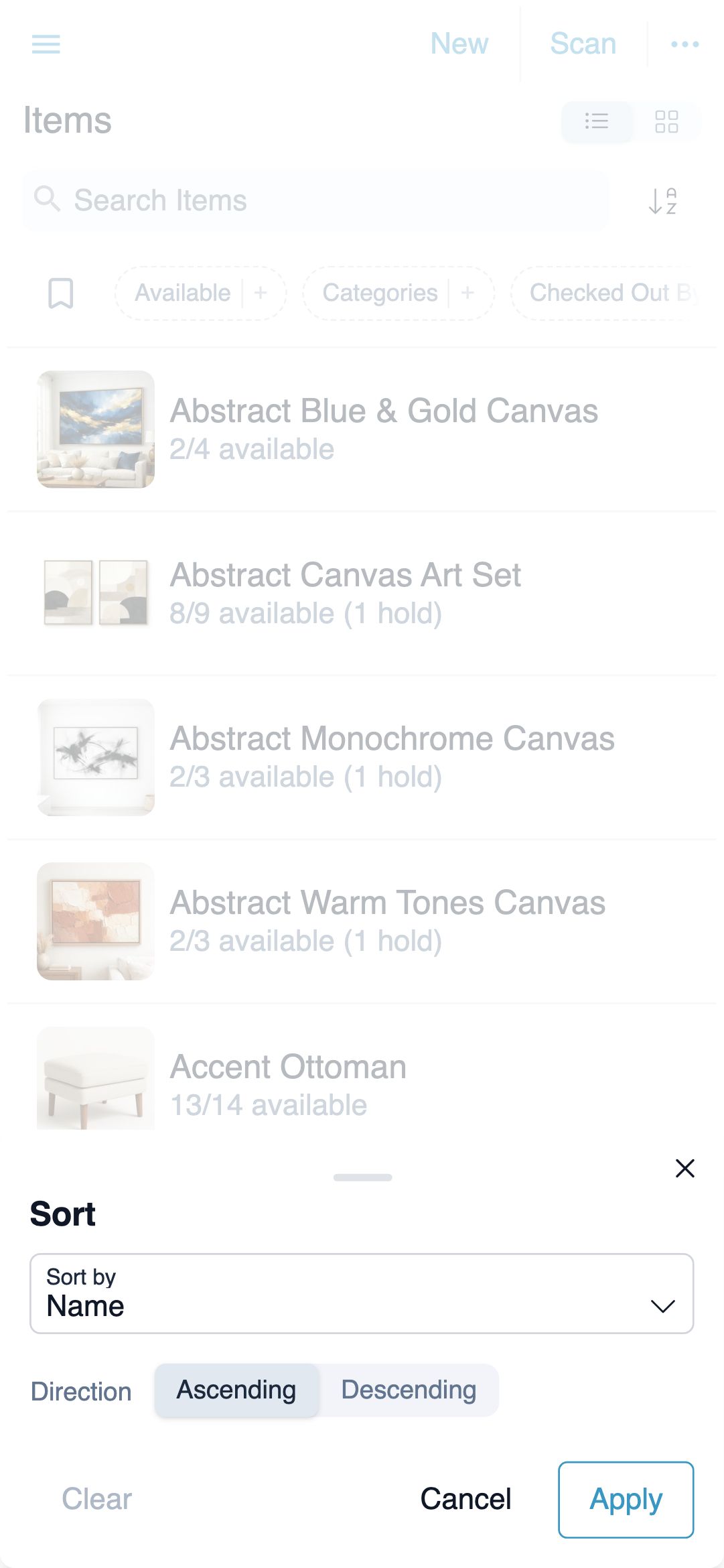 Sort options on mobile with a Sort by field selector, an Ascending or Descending choice, and Cancel and Apply buttons