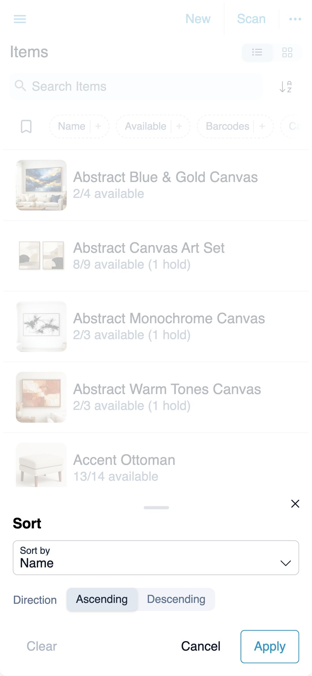 Sort drawer on mobile with a Sort by field selector, an Ascending / Descending toggle, and Cancel and Apply buttons