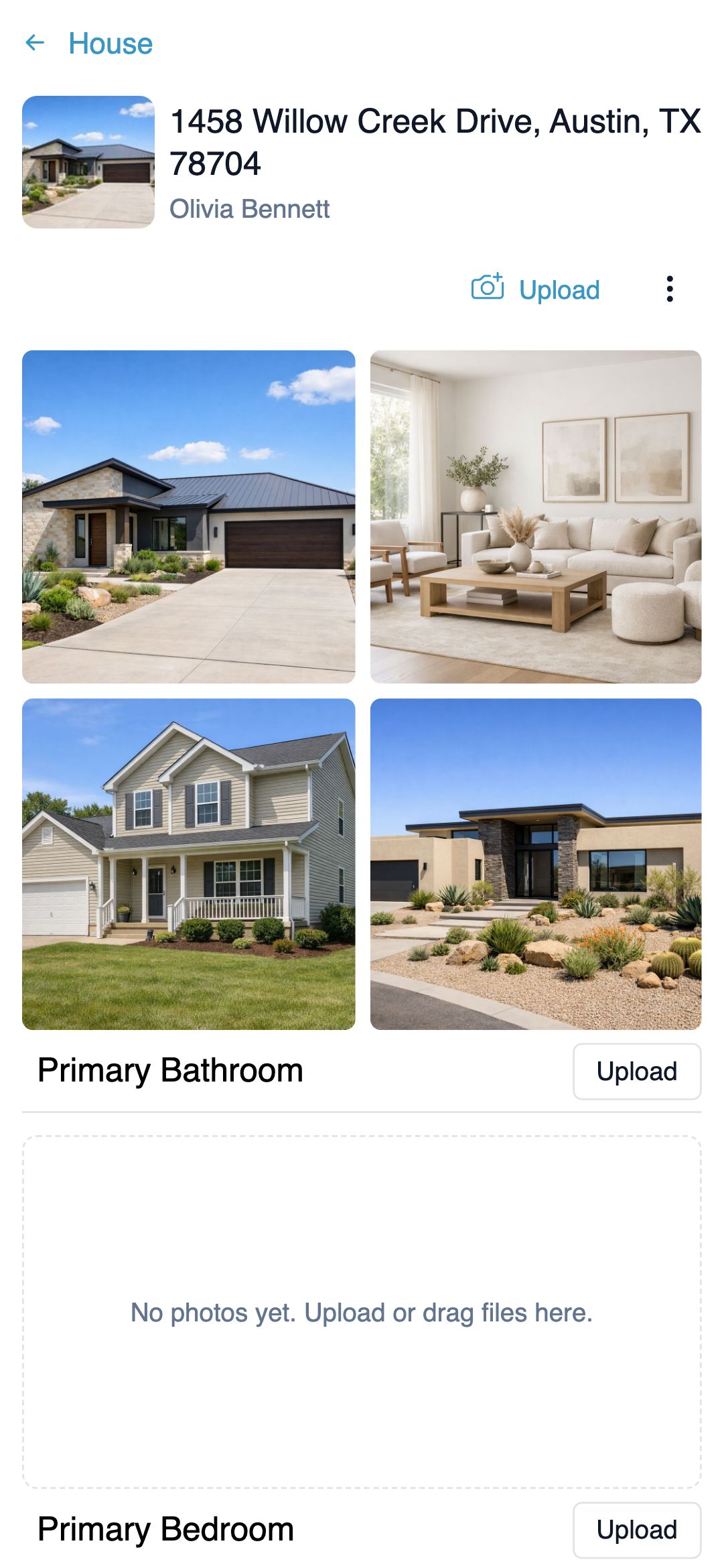 Mobile house photos page showing the Upload button with a camera icon at the top, four house-level photo thumbnails, and the Primary Bathroom and Primary Bedroom room sections each with their own Upload button