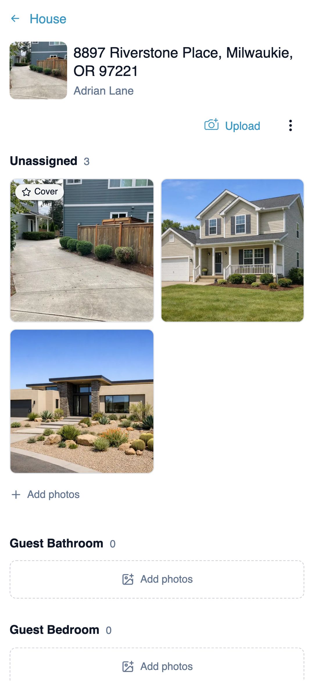 Mobile house photos page showing the Upload button with a camera icon at the top, four house-level photo thumbnails, and the Primary Bathroom and Primary Bedroom room sections each with their own Upload button