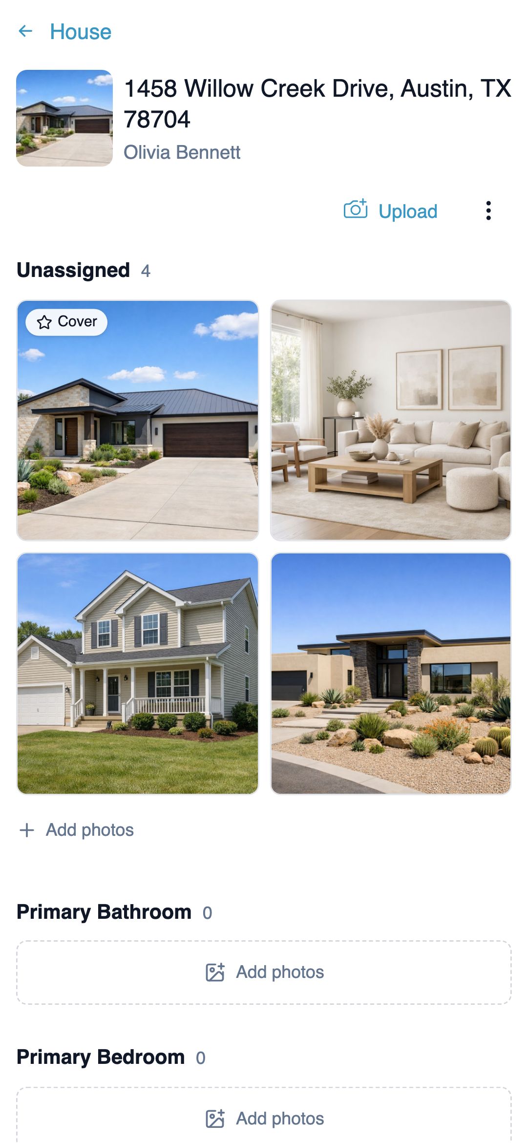 Mobile house photos page showing the Upload button with a camera icon at the top, four house-level photo thumbnails, and the Primary Bathroom and Primary Bedroom room sections each with their own Upload button