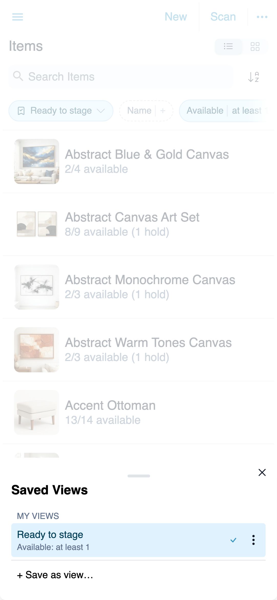 Saved views drawer on mobile: a bottom sheet listing a Ready to stage view under My Views with a filter summary line, and Save as view at the top