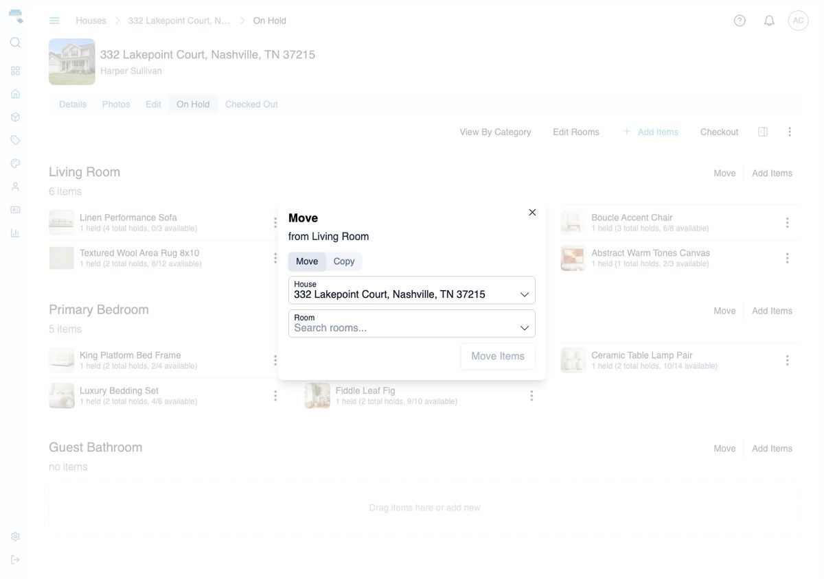 Move dialog open from a Living Room header with a Move/Copy toggle, House combobox, and Room combobox