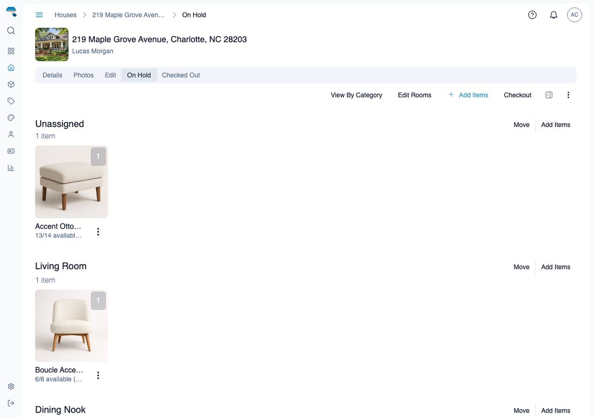 Desktop rooms list with the Unassigned heading at the top above a single unassigned item, followed by Living Room and Dining Nook sections