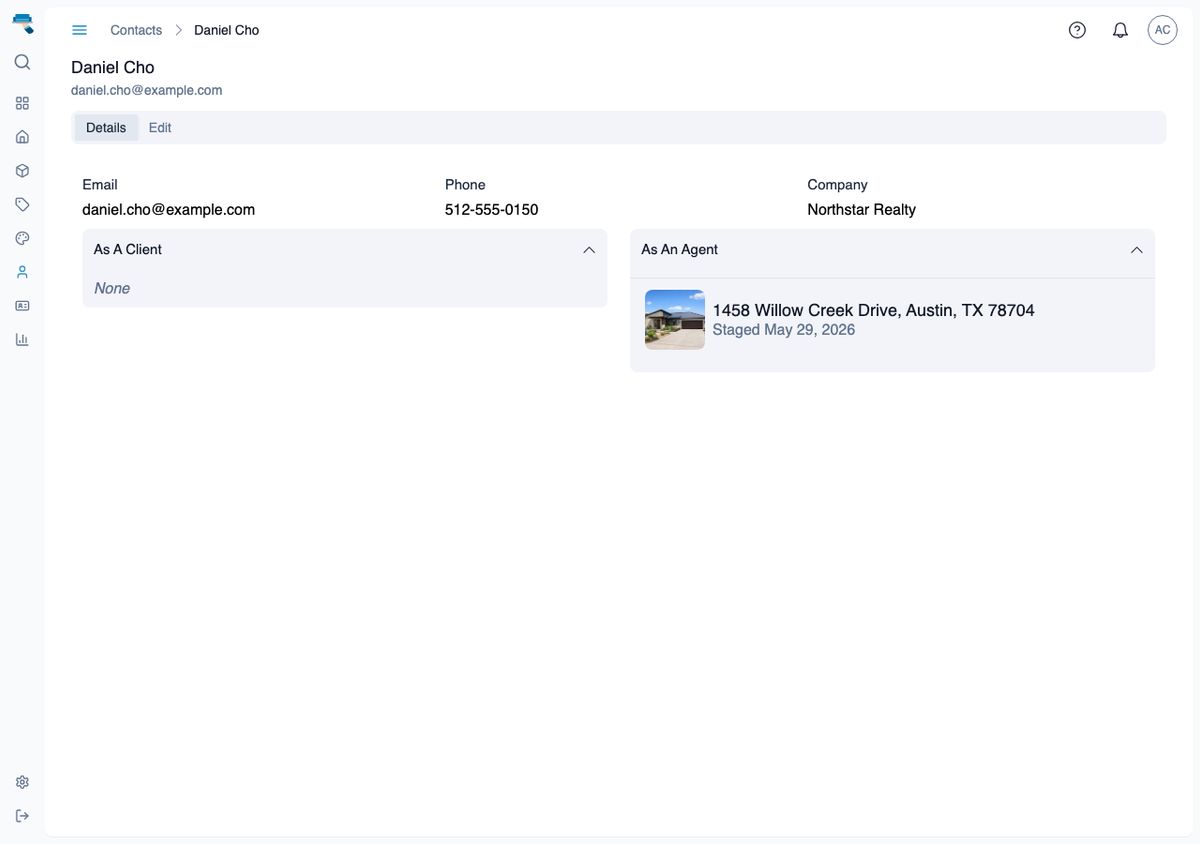 Contact detail page for an agent showing email, phone, company, and the linked house under As An Agent