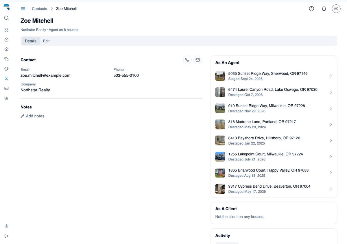 Contact detail page for an agent showing email, phone, company, and the linked house under As An Agent