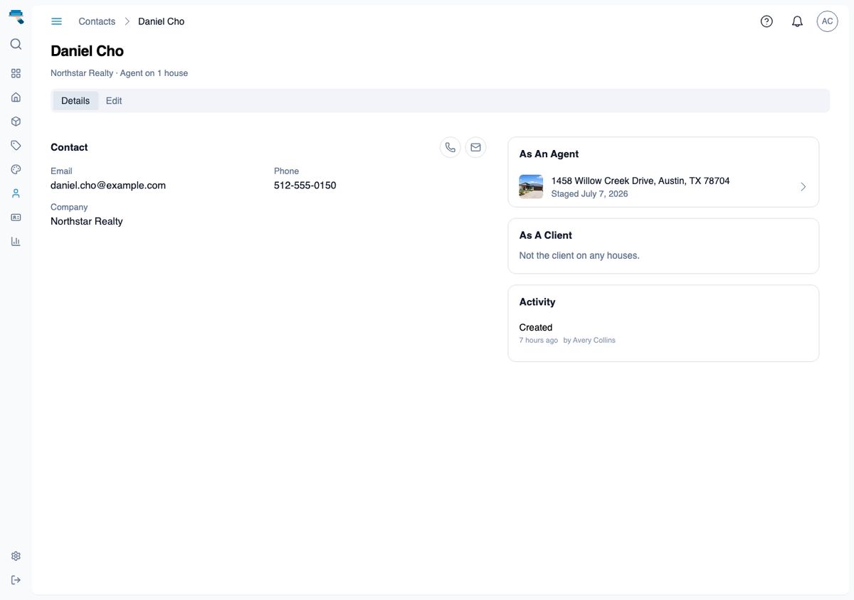 Contact detail page for an agent showing email, phone, company, and the linked house under As An Agent