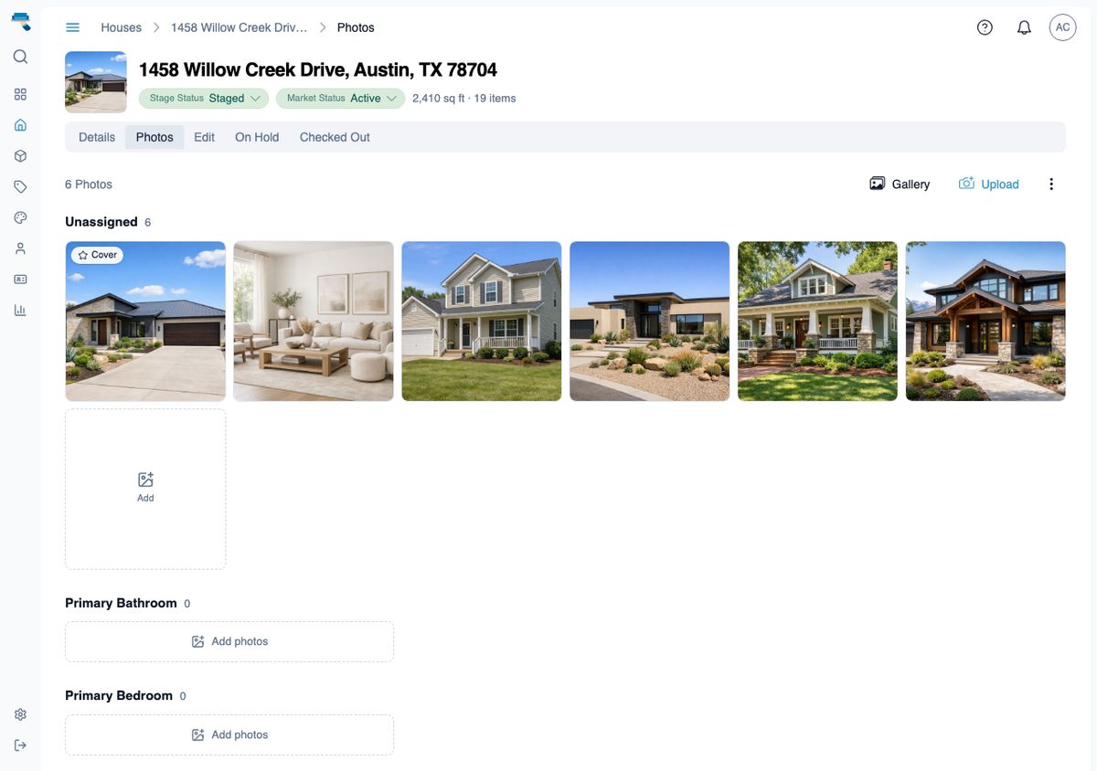 House Photos tab showing six staging photo thumbnails in a single row, with Gallery and Upload buttons in the action bar