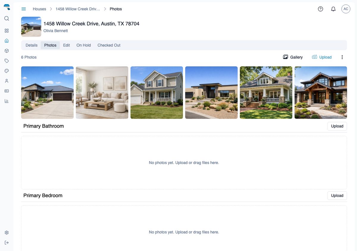 House Photos tab showing six staging photo thumbnails in a single row, with Gallery and Upload buttons in the action bar
