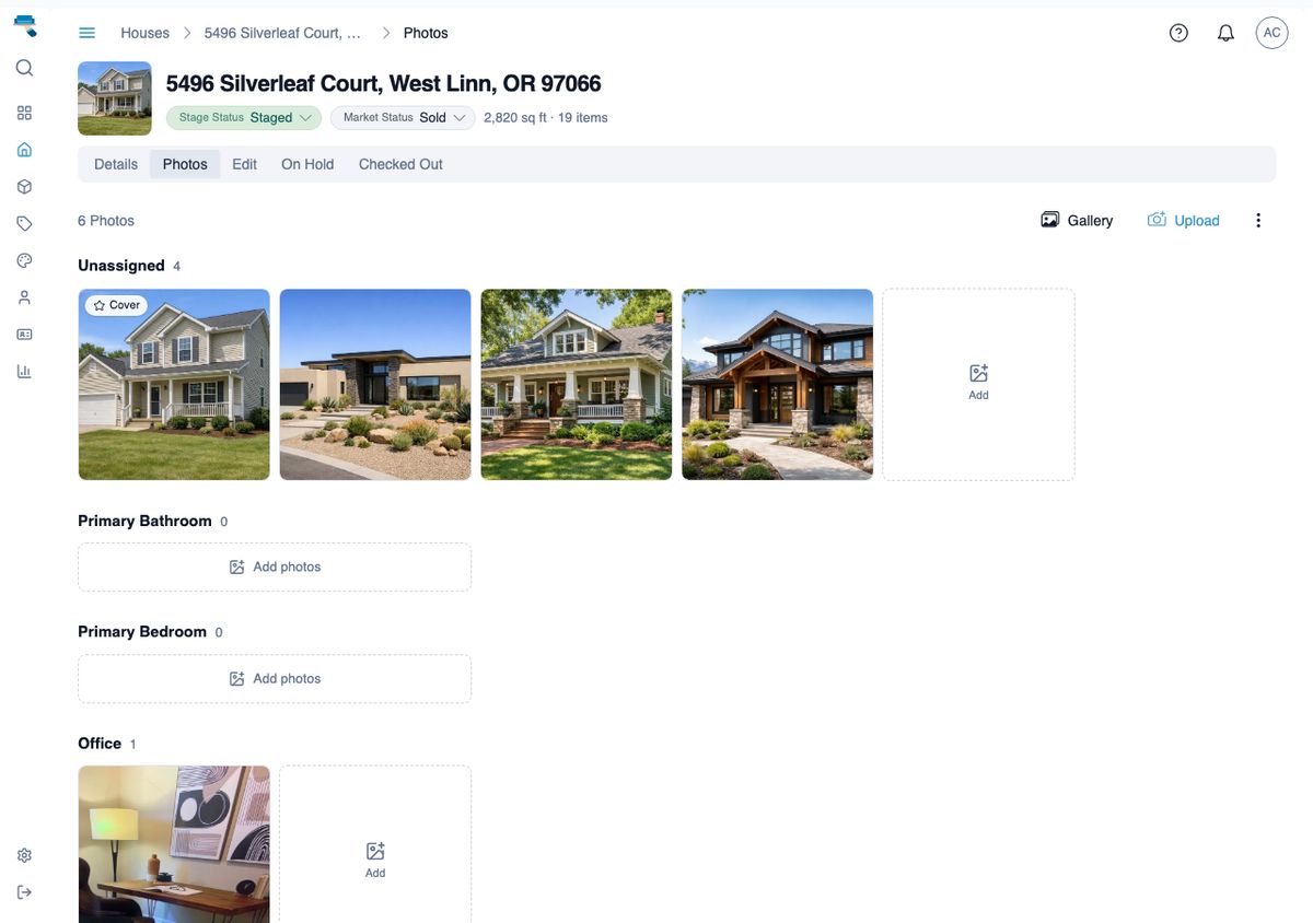 House Photos tab showing six staging photo thumbnails in a single row, with Gallery and Upload buttons in the action bar