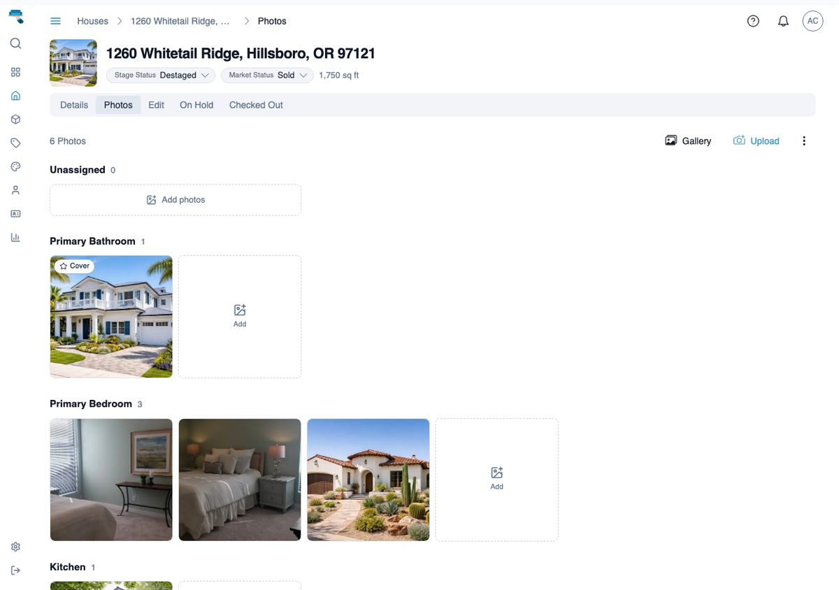 House Photos tab with the unnamed top section and per-room sections (Office, Great Room) each with their own thumbnails and Upload buttons