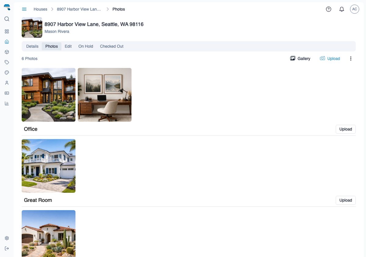 House Photos tab with the unnamed top section and per-room sections (Office, Great Room) each with their own thumbnails and Upload buttons