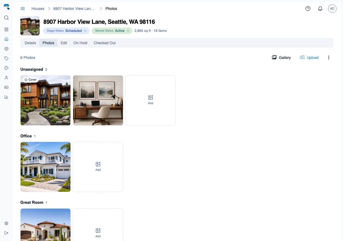 House Photos tab with the unnamed top section and per-room sections (Office, Great Room) each with their own thumbnails and Upload buttons