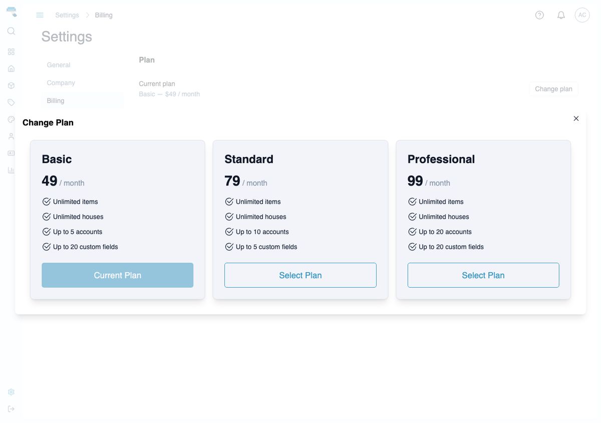 Change Plan dialog open over the Billing settings page, showing three side-by-side tier cards — Basic, Standard, and Professional — with prices and per-plan limits